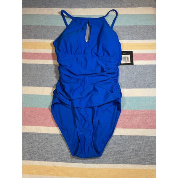 NWT Ellen Tracy Women Keyhole High Neck One Piece Swimsuit Mykonos Blue Size 10 - Picture 1 of 6